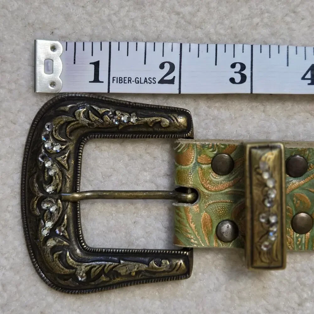Vintage Leatherock Women's S32 Western Tooled Leather Rhinestone Studded Belt